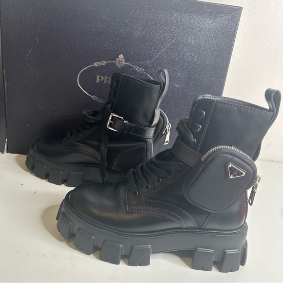 Prada Black Monolith Leather and Re-Nylon Pouch Combat Boots Size 6 - Picture 10 of 16